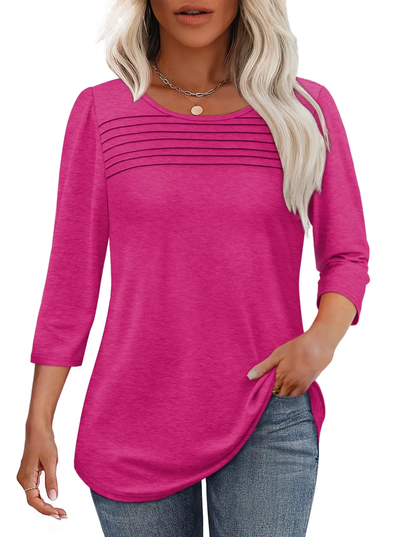 3/4 Length Sleeve Top Pleated Front T-Shirt